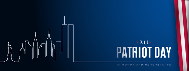 Obraz premium 911 New York skyline in one line on dark blue background. Twin Towers Remembrance Day. Horizontal banner with US flag lying.