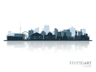 Naklejka premium Stuttgart skyline silhouette with reflection. Landscape Stuttgart, Germany. Vector illustration.