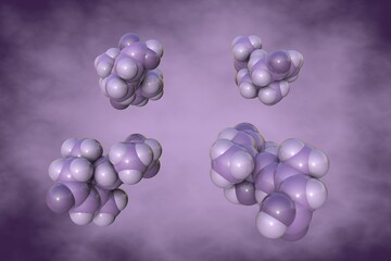 Fototapeta premium Space-filling molecular model of abscisc acid on very peri background. It is a plant hormone that functions in many developmental processes. Scientific background. 3d illustration