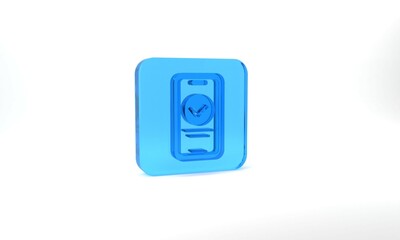 Blue Online quiz, test, survey or checklist icon isolated on grey background. Exam list. E-education concept. Glass square button. 3d illustration 3D render
