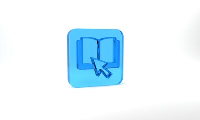 Blue Online book icon isolated on grey background. Internet education concept, e-learning resources, distant online courses. Glass square button. 3d illustration 3D render