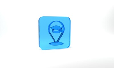 Blue Online education and graduation icon isolated on grey background. Online teacher on monitor. Webinar and video seminar learning. Glass square button. 3d illustration 3D render