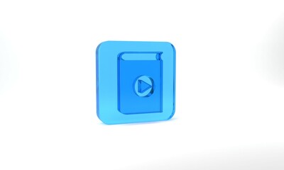 Blue Audio book icon isolated on grey background. Play button and book. Audio guide sign. Online learning concept. Glass square button. 3d illustration 3D render