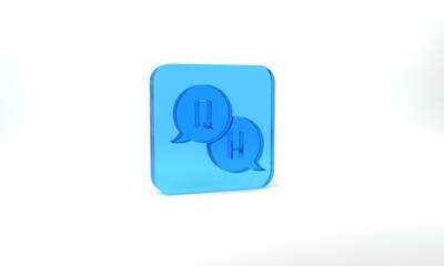 Obraz premium Blue Speech bubbles with Question and Answer icon isolated on grey background. Q and A symbol. FAQ sign. Chat speech bubble and chart. Glass square button. 3d illustration 3D render