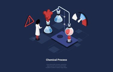Concept Of Chemical Research. Character Laboratory Assistant Manages And Controls Chemical Pharmaceutical Production Process. Modern Chemical Production Line. Isometric Cartoon 3d Vector Illustration