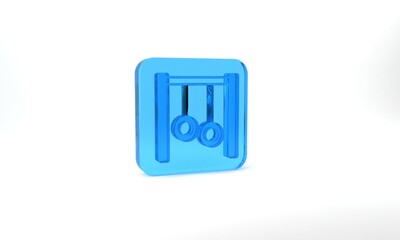 Blue Gymnastic rings icon isolated on grey background. Playground equipment with hanging rope with rings. Glass square button. 3d illustration 3D render