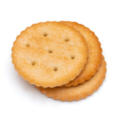 Healthy whole wheat cracker on white background. Stack of Saltine crackers isolated on white background. Round crackers.