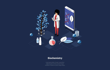 Biochemistry Research, Formulas And Calculations Concept. Character Laboratory Assistant Scientist Make Biochemistry And DNA Research. Molecular Engineering. Isometric Cartoon 3d Vector Illustration