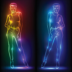 Fashion woman. Female model. Hand drawn fashion lady. Banner with neon silhouette of sexy woman figure, beautiful silhouettes, nightclub, striptease, sex shop advertisement, vector illustration - 523764982