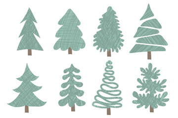 Obraz premium Collection of hand drawn christmas trees illustration. Set of christmas vector decorations