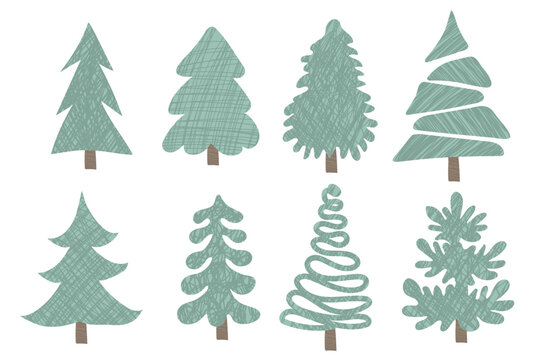 Collection of hand drawn christmas trees illustration. Set of christmas vector decorations