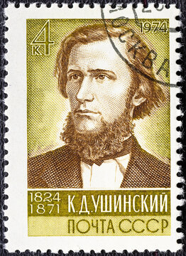 USSR - CIRCA 1974: a post stamp printed in the USSR dedicated to the 150th Birth Anniversary of K.D.Ushinsky.