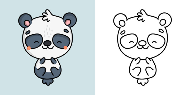 Panda Clipart Multicolored and Black and White. Beautiful Clip Art Panda. Vector Illustration of a Kawaii Animal for Prints for Clothes, Stickers, Baby Shower, Coloring Pages.
