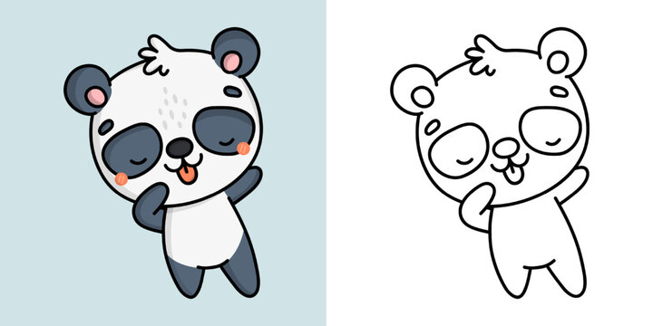Kawaii Panda Clipart Multicolored and Black and White. Cute Kawaii Panda Bear. Vector Illustration of a Kawaii Animal for Stickers, Prints for Clothes, Baby Shower, Coloring Pages.
