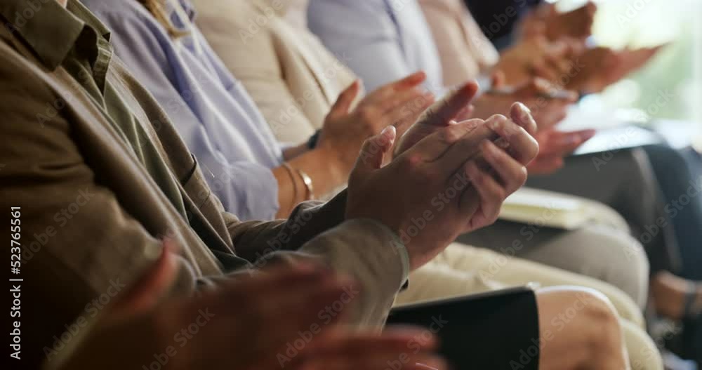 Poster business people clapping hands in conference, celebrating success and showing support at a training 