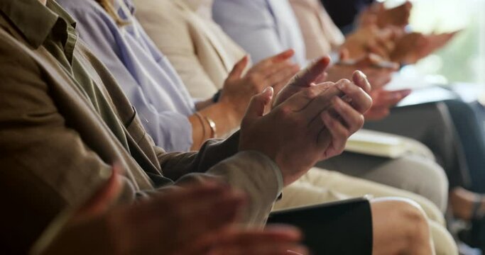 Business people clapping hands in conference, celebrating success and showing support at a training seminar for work. Closeup of colleagues giving applause, motivation and appreciation at a workshop