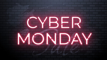 Neon Sign Cyber Monday Sale banner for social media stories sale, web page, mobile phone, glowing lettering sign for online discount promotion