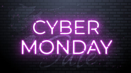 Neon Sign Cyber Monday Sale banner for social media stories sale, web page, mobile phone. template design special offer, glowing lettering sign for online discount promotion