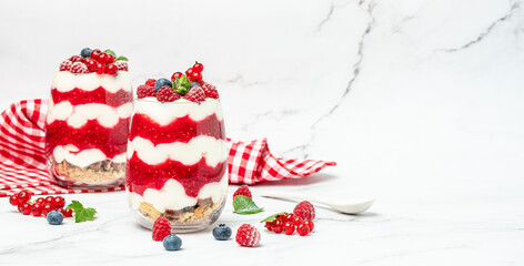 yogurt granola parfait with blueberry and raspberry on a light background. Long banner format