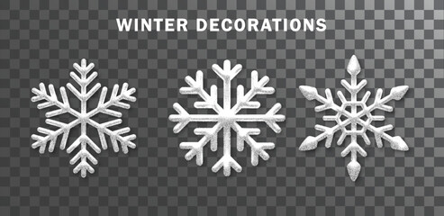 Snowflakes set. Realistic white sparkling snowflakes isolated on transparent background. Christmas decoration. Vector illustration