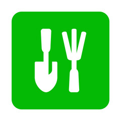 Fototapeta premium Icono herramientas de jardín. Conjunto de herramientas agrícolas para el jardín y la huerta: rastrillo y pala en cuadrado color verde