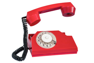 Old rotary phone with the receiver raised in the air