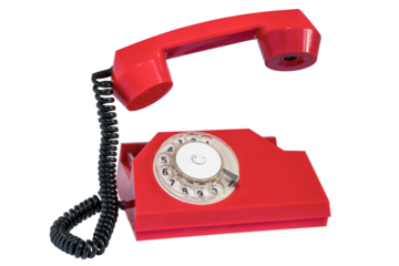 Old rotary phone with the receiver raised in the air