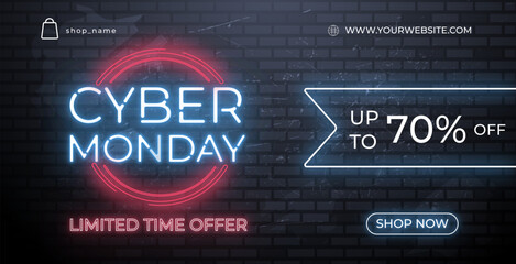 Neon Sign Cyber Monday Sale banner for social media stories sale, web page, mobile phone. template design special offer, up to 70% off