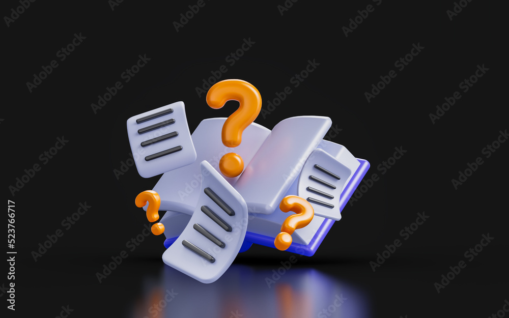 Wall mural book question mark with document on dark background 3d render concept for guide answer sheet