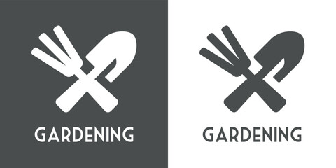 Herramientas de jardín. Conjunto de herramientas agrícolas para el jardín y la huerta: rastrillo y pala en aspa. Logotipo con texto Gardening en fondo gris y fondo blanco
