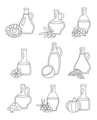 Set  bottle of seed oils isolated on white. Illustration in doodle style. Sunflower, olives, grapes, coconut, pumpkin, flax, almond oil in glass jar. Flowers and seeds