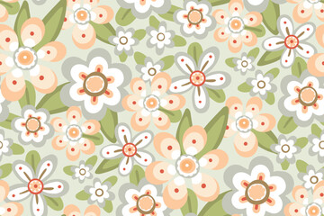 Seamless floral pattern, decorative ditsy print in pastel colors. Cute botanical background design with gentle meadow, hand drawn flowers, leaves. Vector illustration.