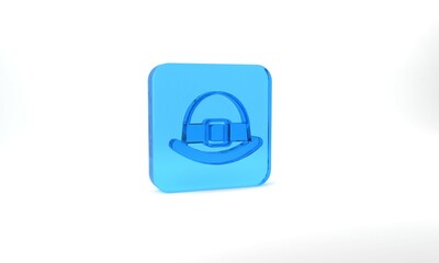 Blue Leprechaun hat icon isolated on grey background. Happy Saint Patricks day. National Irish holiday. Glass square button. 3d illustration 3D render
