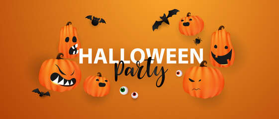 Happy Halloween banner vector illustration with bats, pumpkins arranged beautifully.