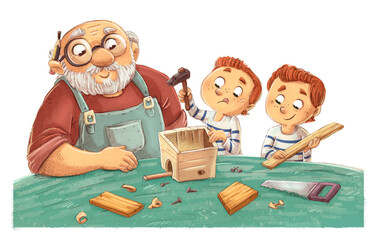 Illustration of a carpenter grandpa with his grandchildren making a birdhouse
