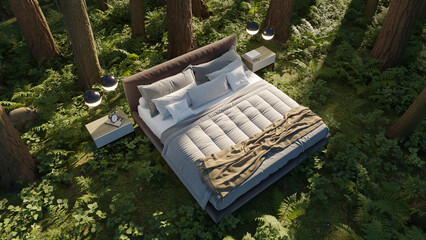 3d-render. A bed in an summer forest in a clearing among trees.