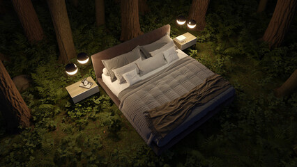 3d-render. A bed in the summer forest at night, illuminated by lamps in a clearing among the trees.