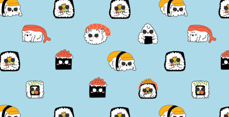 Cute sushi seamless pattern. Illustration of sweet nigiri and maki rolls. Obento, kawaii, food illustration. Seamless pattern.