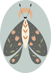 Illustration of a magical night moth with plants and cosmic elements. magical elements. Good for printing on postcard, fabric, calendar, sticker, design