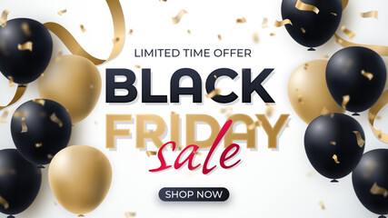 Sale labels banner, special offer. Big sale special up to 70% off.  Black friday sale background with beautiful balloons and flying serpentine.  vector background for poster, banners, flyers, card