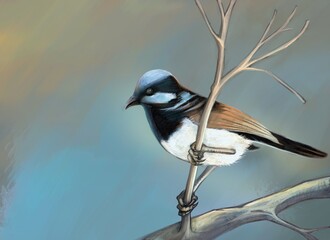 A single bird clings to a branch without leaves alone. digital painting, art style illustration


