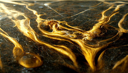 liquid shiny gold on dark marble surface, abstract background, 3d render, 3d illustration