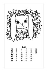 Bunny face among flowers. Coloring book for children. Vector illustration isolated on white background. Calendar, May.