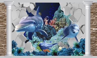 Three dolphins among the corals. 3d rendering. 3d wallpaper.