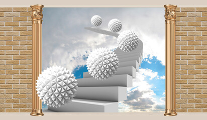 Digital mural. Stairs leading to heaven. 3d image. 3d photo wallpapers.