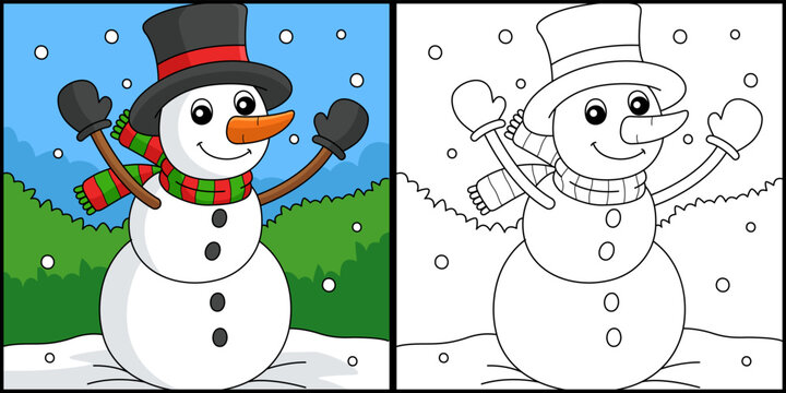 snowman Coloring Page Colored Illustration