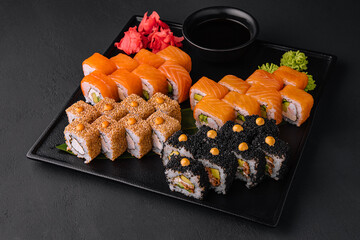 Sushi set on the black tray
