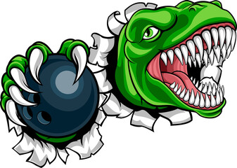 A dinosaur T Rex or raptor ten pin bowling player cartoon animal sports mascot holding a ball in its claw © Christos Georghiou