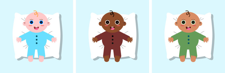 newborn babies different races flat vector design illustration