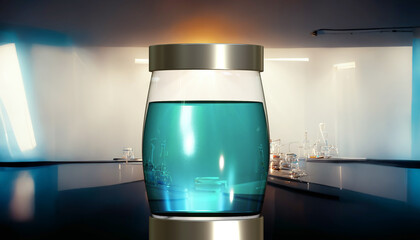 Liquid glass tank in the science laboratory, Sci-fi Scene, 3D Rendering Image.
